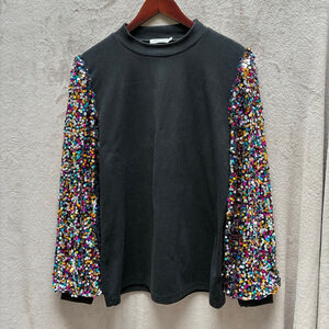 Anna-Kaci Black Multicolor Sequin Sleeve Sweatshirt XL Glam Sparkle Whimsy